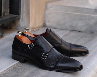 Men's Granite Black Calf Leather Double Monk Strap Dress Shoes, Blake Stitched