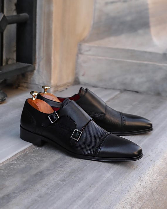 Men's Granite Black Calf Leather Double Monk Strap Dress Shoes, Blake  Stitched - Etsy Israel