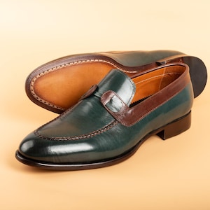 Men's Tahan Green Crust Buffalo Leather Loafers, Blake Stitched Dress Shoes image 1