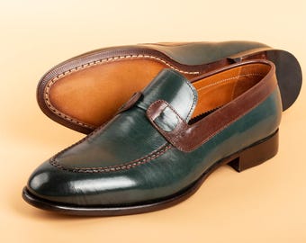 Men's Tahan Green Crust Buffalo Leather Loafers, Blake Stitched Dress Shoes