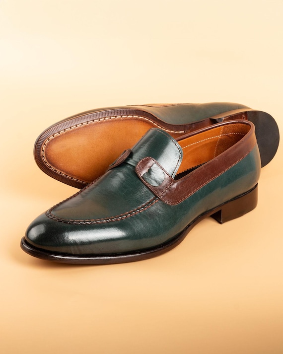 Men's Tahan Green Crust Buffalo Leather Loafers, Blake Stitched Dress Shoes