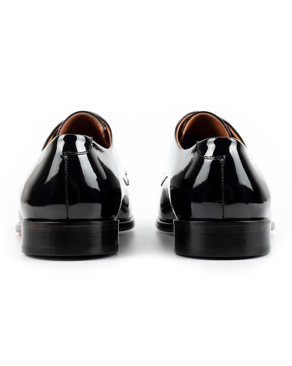 Men's Vinson Black Patent Leather Derby Shoes, Blake Stitched Tuxedo Dress Shoes Men's Vinson Black Patent Leather Derby Shoes, Blake Stitched Tuxedo Dress Shoes
