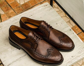 Men's Teide Brown Calf Leather Brogue Wingtip Derby Dress Shoes
