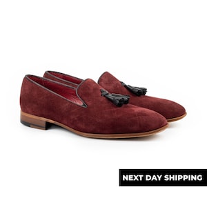 Zerbay Hekla Men&#39;s Bordeaux Patterned Suede Leather Tassel Loafer Handcrafted Dress Shoes Microlight Outsole Full Size Blake Stitched