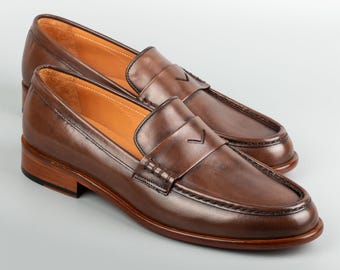 Men's Stanley Brown Leather Loafers, Handcrafted Blake Stitched Dress Shoes