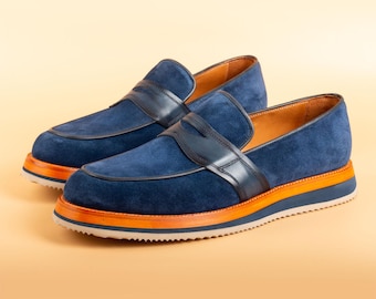 Men's Suthep Navy Suede Leather Loafers, Handcrafted Dress Shoes