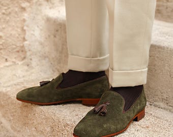 Men's Hekla Green Suede Leather Tassel Loafers, Blake Stitched