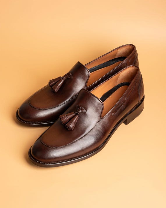 Men's Ruiz Brown Calf Leather Tassel Loafers, Blake Stitched Dress Shoes -  Etsy