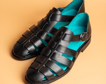 Men's Blanc Black Leather Greek Sandals, Handcrafted Blake Stitched Shoes