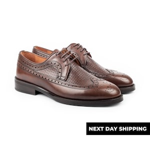 Zerbay Teide Men&#39;s Brown Calf Leather Lace Up Brogue Wingtip Derby Handcrafted Dress Shoes Microlight Full Standard Size Blake Stitched
