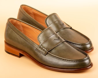 Men's Stanley Green Leather Loafers, Handcrafted Blake Stitched Dress Shoes