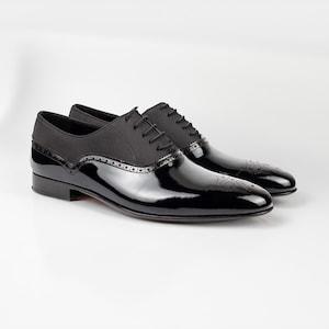 Men's Victoria Black Patent Leather Oxford Shoes, Blake Stitched Tuxedo Dress Shoes