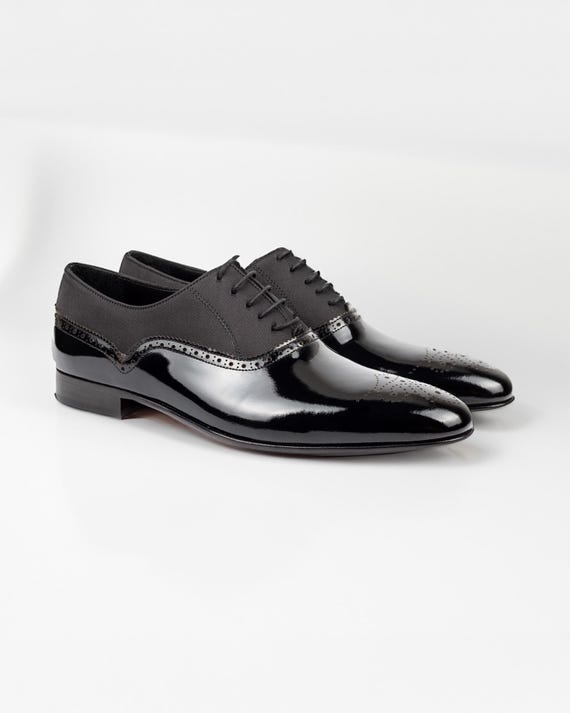 Men's Irazu Black Patent Leather Oxford Shoes - Blake Stitched Tuxedo Dress Shoes