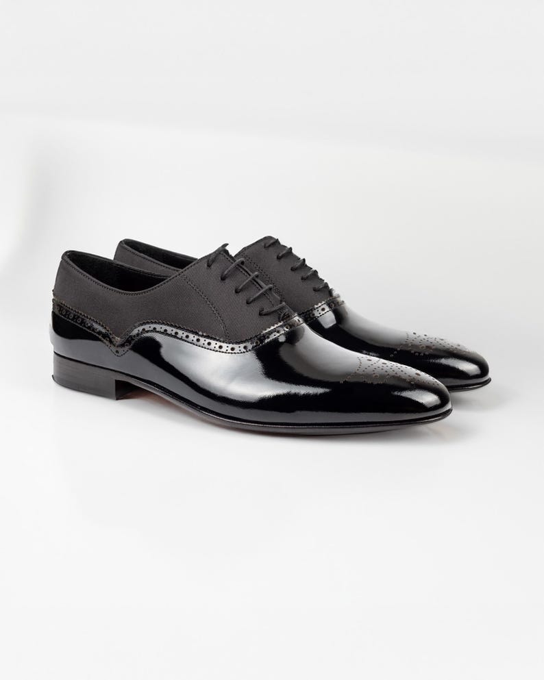 Zapatos Oxford Irazu de charol negro para hombre - Zapatos de vestir tipo esmoquin con costuras Blake imagen 1