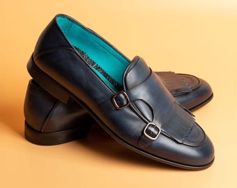 Men's Trivor Navy Leather Double Monk Strap Dress Shoes