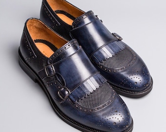 Men's Lhotse Navy Leather Double Monk Strap Dress Shoes, Blake Stitched