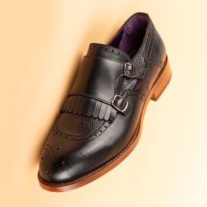 Men's Lhotse Black Leather Double Monk Strap Dress Shoes, Blake Stitched image 4