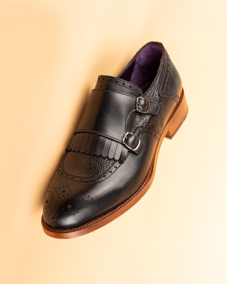 Men's Lhotse Black Leather Double Monk Strap Dress Shoes, Blake Stitched image 4