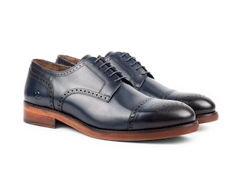 Zerbay Chelia Men&#39;s Navy Calf Leather Lace Up Brogue Cap Toe Derby Handcrafted Dress Shoes Gift Leather Outsole Full Size Blake Stitched