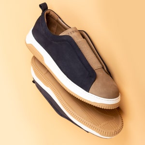 Zerbay Kamet Men's Navy & Cream Casual Slip On Nubuck Leather Handcrafted Shoes Gift Eva Outsole Full Standard Size Side Wall Sole Stitched image 8