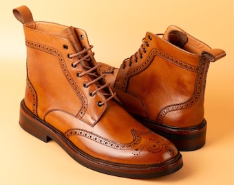 Men's Broad Tan Calf Leather Wingtip Brogue Boots - Blake Stitched