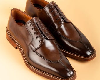 Men's Ontake Brown Handpainted Crust Leather Split Toe Derby Dress Shoes