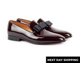 Zerbay Tolima Men's Bordeaux Opera Pumps Patent Leather Tuxedo Loafer Handcrafted Dress Shoes Leather Outsole Full Size Blake Stitched