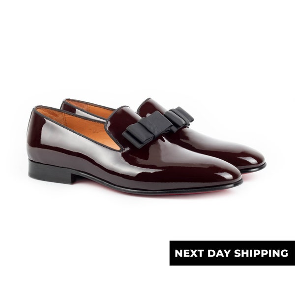 Zerbay Tolima Men's Bordeaux Opera Pumps Patent Leather Tuxedo Loafer Handcrafted Dress Shoes Leather Outsole Full Size Blake Stitched