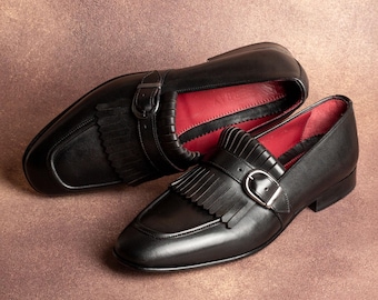 Nevado-schoenen heren zwart leer met enkele monniksband, Blake Stitched