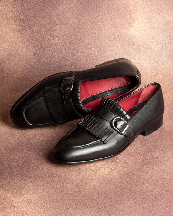 Men's Nevado Black Leather Single Monk Strap Dress Shoes, Blake Stitched