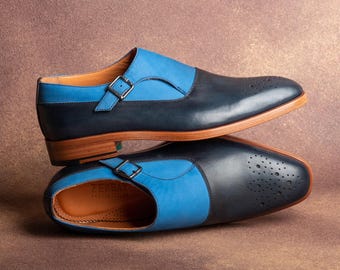 Men's Kangto Navy Leather Single Monk Strap Dress Shoes, Blake Stitched