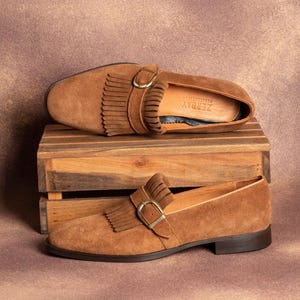 Men's Neblina Tan Suede Leather Single Monk Strap Dress Shoes