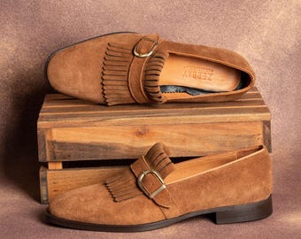 Men's Neblina Tan Suede Leather Single Monk Strap Dress Shoes