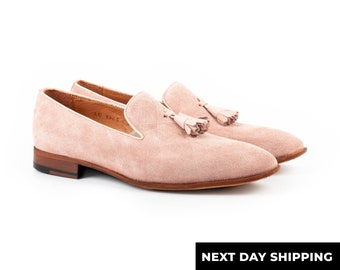 Zerbay Hekla Men's Pink Patterned Suede Leather Tassel Loafer Handcrafted Dress Shoes Microlight Outsole Full Size Blake Stitched