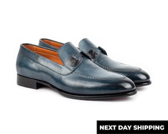 Zerbay Tahan Herren Navy Crust Buffalo Leder Slip On Loafer Handgefertigte Abendschuhe Ledersohlen Voll Standardgröße Blake genäht