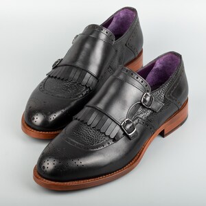 Men's Lhotse Black Leather Double Monk Strap Dress Shoes, Blake Stitched image 2