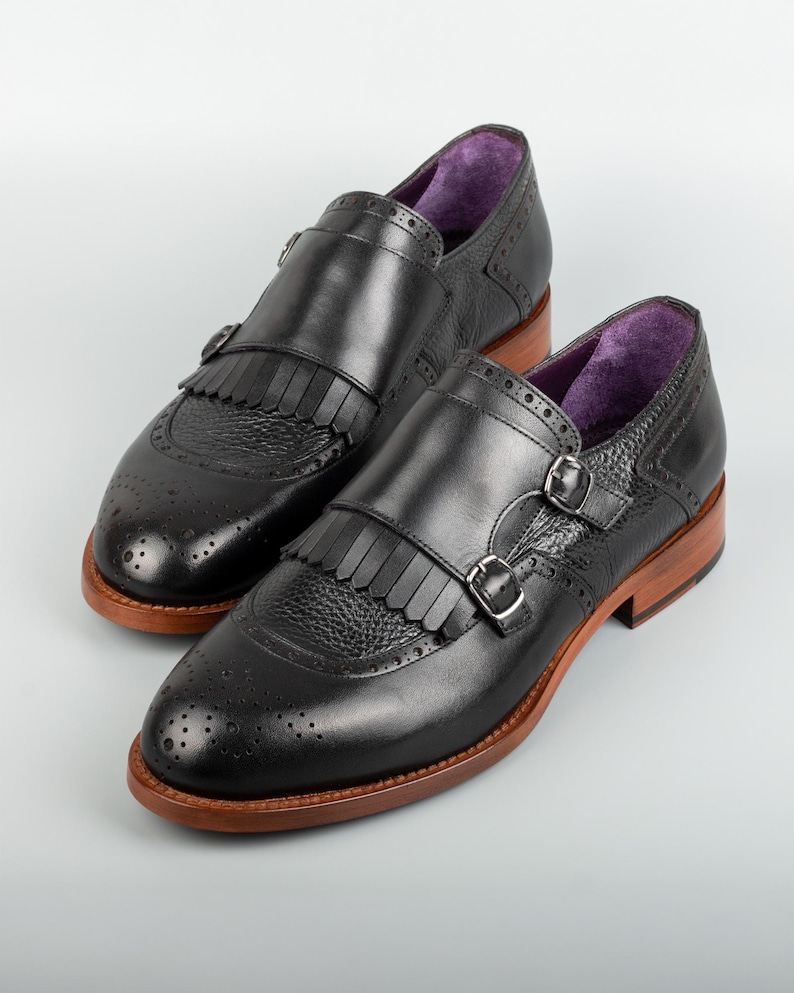 Men's Lhotse Black Leather Double Monk Strap Dress Shoes, Blake Stitched image 2