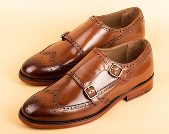 Men's Kazbek Tan Leather Double Monk Strap Dress Shoes