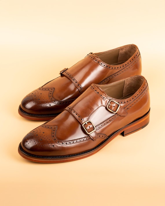 Men's Kazbek Tan Leather Double Monk Strap Dress Shoes