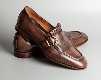 Men's Nevado Brown Leather Single Monk Strap Dress Shoes, Blake Stitched