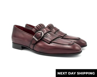 Zerbay Nevado Men's Bordeaux Single Monk Strap Calf Leather Handcrafted Dress Shoes Leather Outsole Gift Full Standard Size Blake Stitched