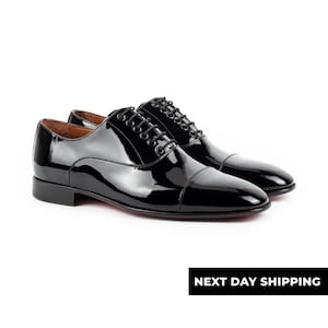 Zerbay Victoria Men&#39;s Black Oxford Patent Leather Tuxedo Handcrafted Dress Shoes Leather Outsole Full Standard Size Blake Stitched