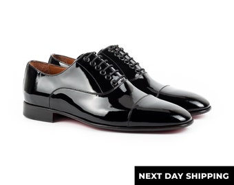 Zerbay Victoria Men's Black Oxford Patent Leather Tuxedo Handcrafted Dress Shoes Leather Outsole Full Standard Size Blake Stitched