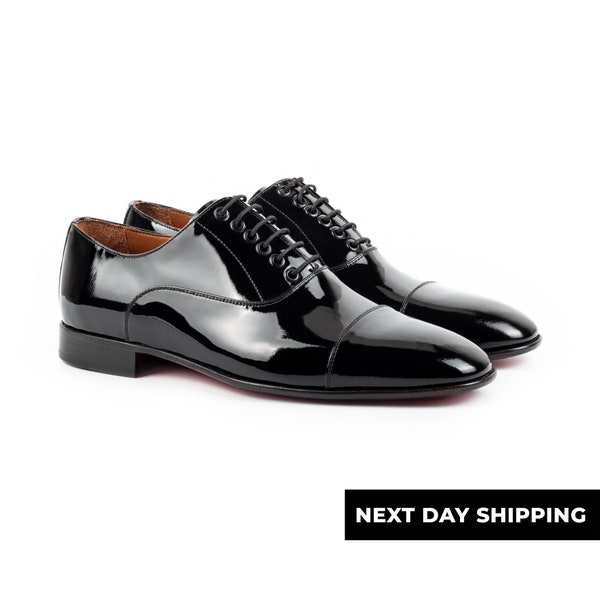 Zerbay Victoria Men's Black Oxford Patent Leather Tuxedo Handcrafted Dress Shoes Leather Outsole Full Standard Size Blake Stitched