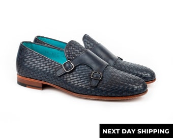 Zerbay Taranaki Men&#39;s Navy Double Monk Strap Tressed Calf Leather Handcrafted Dress Shoes Leather Outsole Full Standard Size Blake Stitched