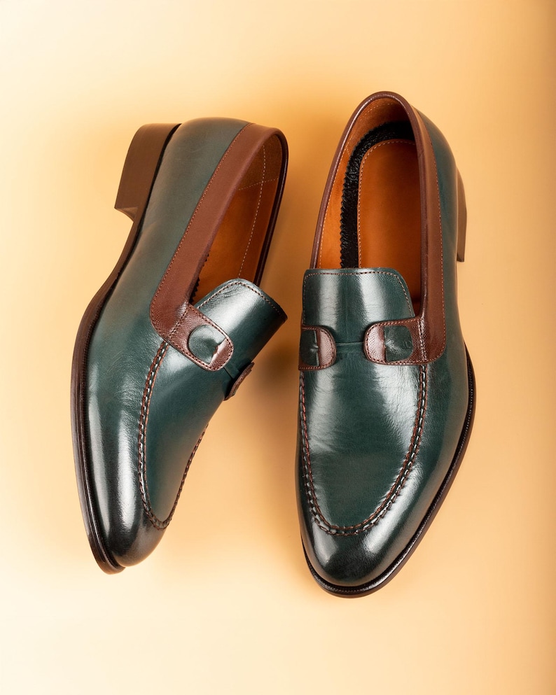 Men's Tahan Green Crust Buffalo Leather Loafers, Blake Stitched Dress Shoes image 4