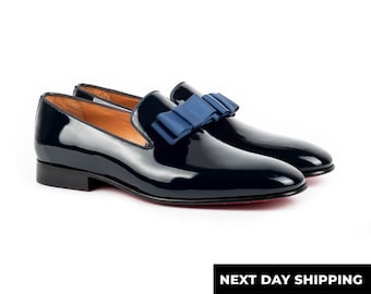 Zerbay Tolima Men&#39;s Navy Opera Pumps Patent Leather Tuxedo Loafer Handcrafted Dress Shoes Leather Outsole Full Standard Size Blake Stitched