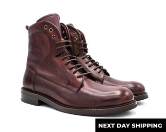 Zerbay Elgon Men's Bordeaux Calf Leather Lace Up Handcrafted Commando Boot Eva Outsole Gift Full Standard Size Blake Stitched