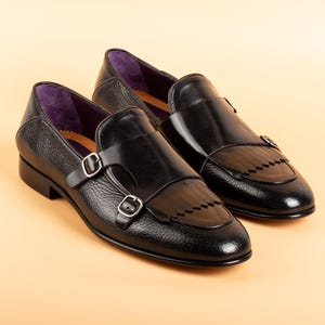 Men's Trivor Black Buffalo Leather Double Monk Strap Dress Shoes