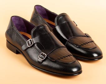 Men's Trivor Black Buffalo Leather Double Monk Strap Dress Shoes